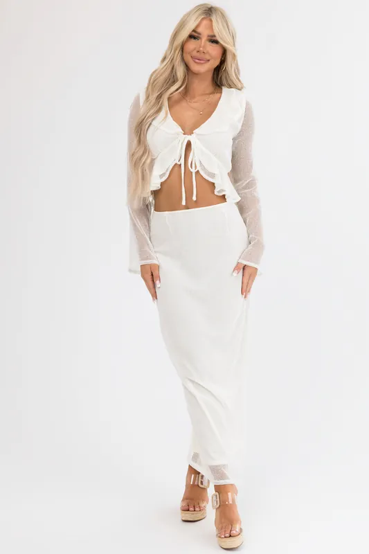 Cream Mesh Maxi Skirt with Back Slit - Fore Collection