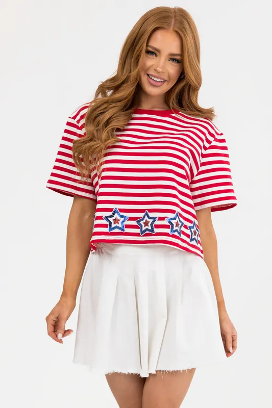 Lipstick and Ivory Stars and Stripes Print Top - Main Strip