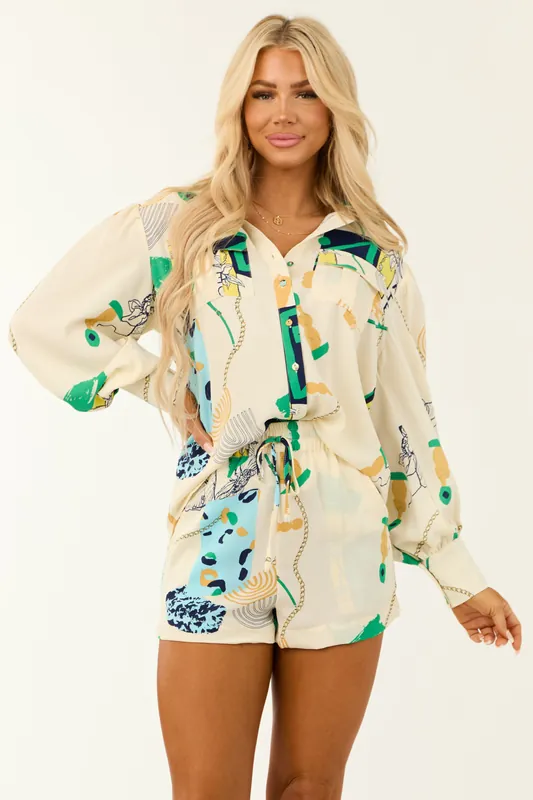 Cream Chain Abstract Print Shorts - Fore Collection