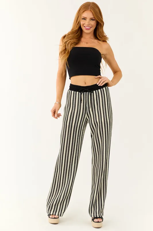 Black and Cream Striped Knit Wide Leg Pants - GeeGee