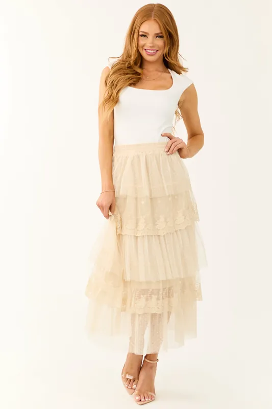 Almond Ruffle Swiss Dot Tulle Midi Skirt - GiGiO