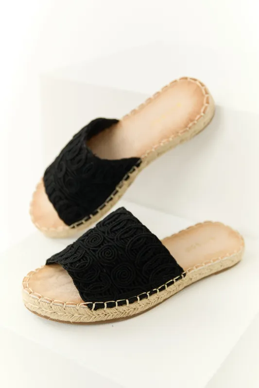 Black Woven Lace Espadrille Slide On Sandals - JP ORIGINAL CORP