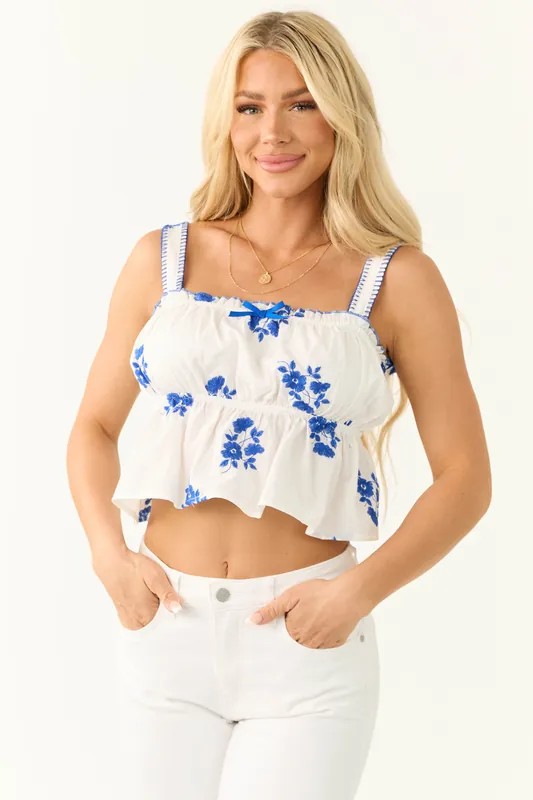 White and Cobalt Floral Embroidered Tank Top - Fore Collection