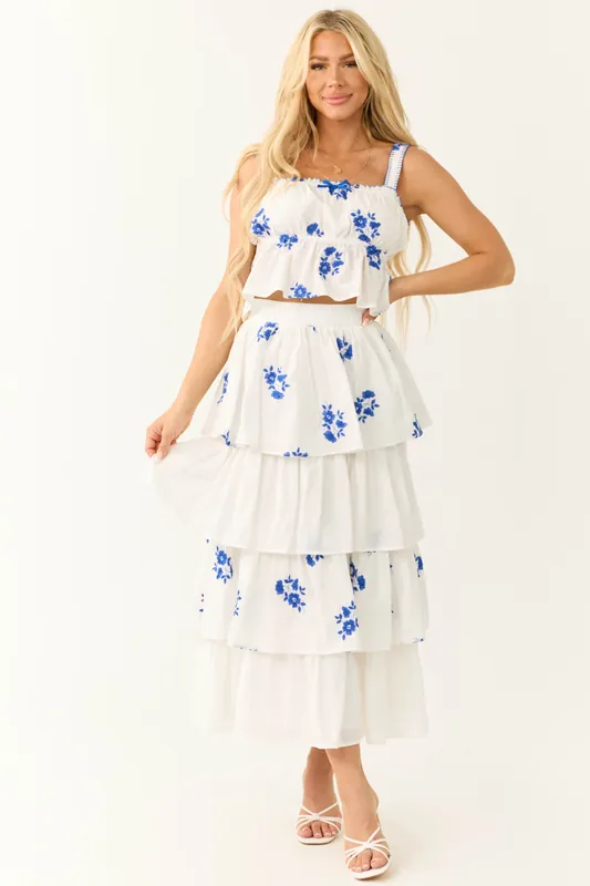 White and Cobalt Floral Embroidered Skirt - Fore Collection