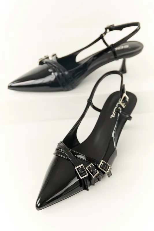 Shiny Black Pointed Toe Sling Back Heels - FORTUNE DYNAMIC