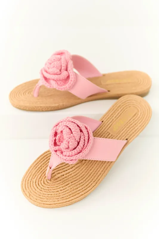 Baby Pink Open Toed Crochet Flower Woven Sandals - JP ORIGINAL CORP