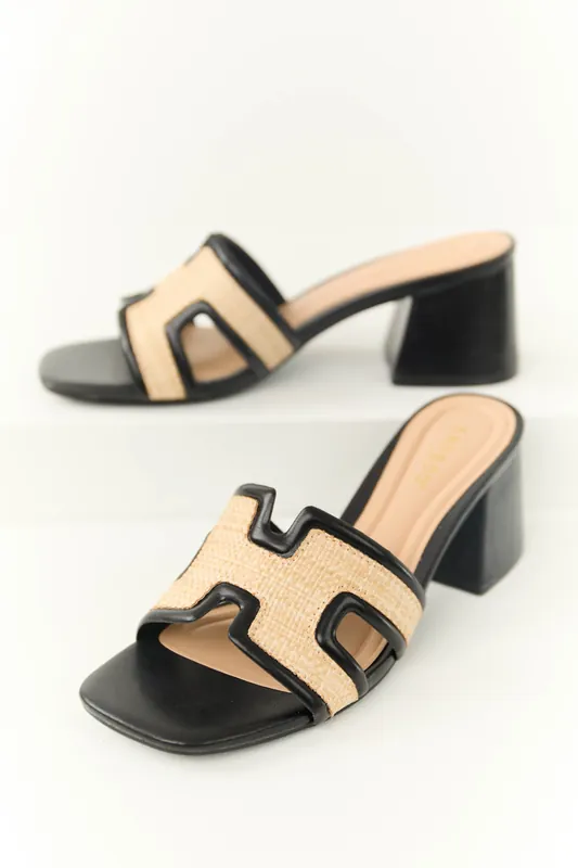 Black Slip On Raffia Cut Out Strap Block Heels - JP ORIGINAL CORP