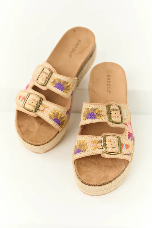 Beige Embroidered Woven Platform Buckle Sandal - JP ORIGINAL CORP