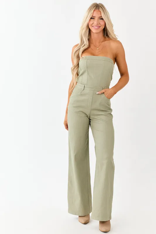 Olive Strapless Wide Leg Denim Jumpsuit - Baby Pink