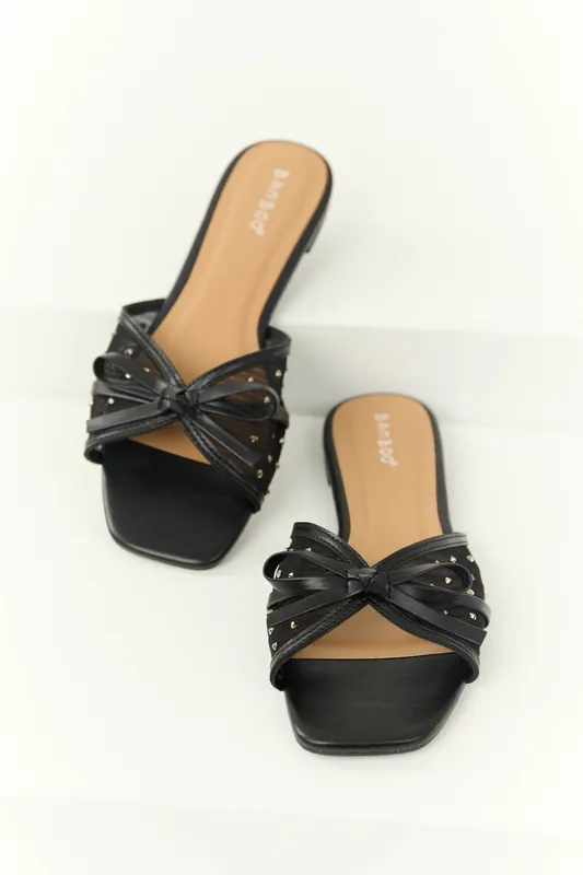 Black Mesh Rhinestone Strap Slip On Sandals - JP ORIGINAL CORP
