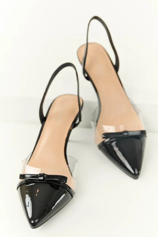 Shiny Black Pointed Toe Slingback Heels with Bow - JP ORIGINAL CORP