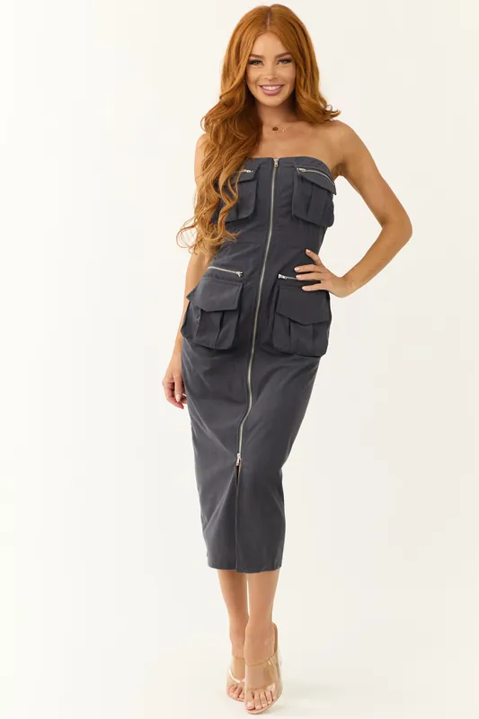Graphite Strapless Cargo Zip Up Front Midi Dress - HYFVE