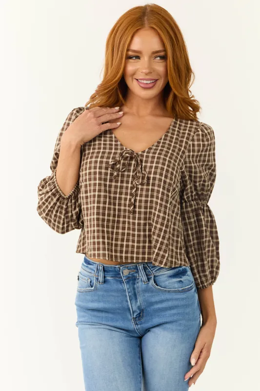 Walnut Plaid 3/4 Cinch Sleeve Top - Day + Moon