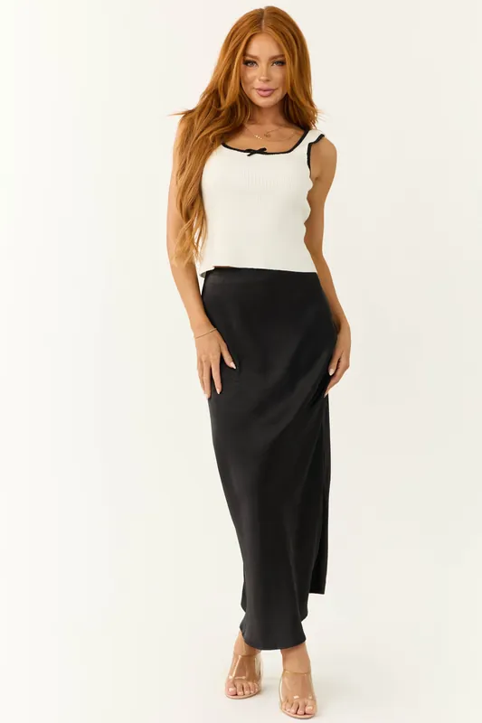 Shiny Black Satin Maxi Skirt - In February