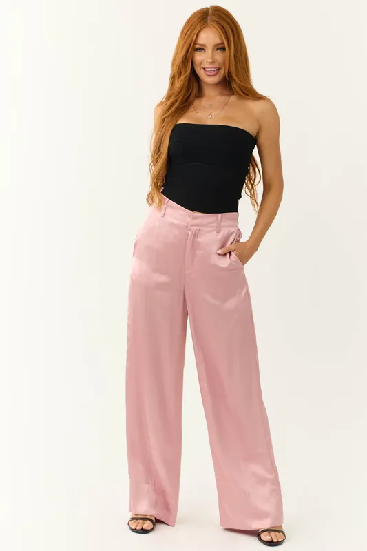 Dusty Blush Satin High Waist Wide Leg Pants - Signature8
