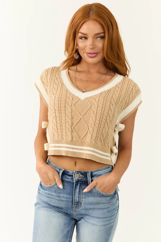 Peanut and Cream V Neck Side Tie Sweater Vest - Day + Moon