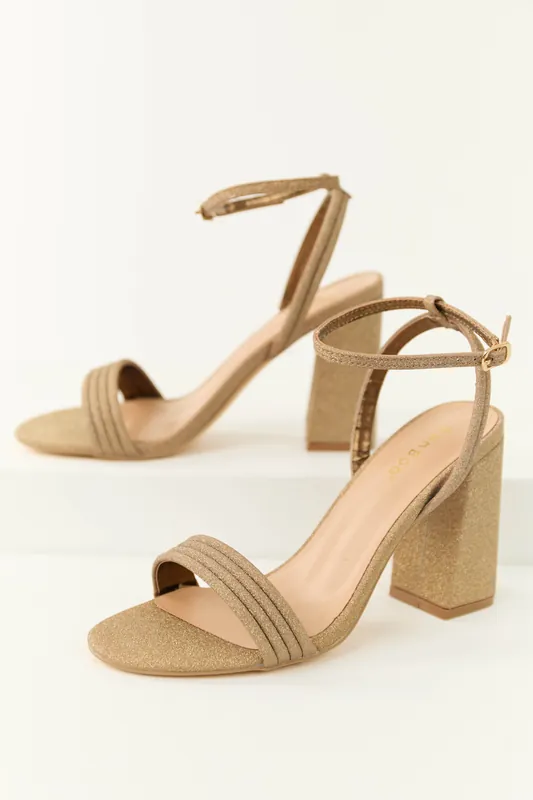 Gold Glitter Ankle Strap Block Heels - JP ORIGINAL CORP
