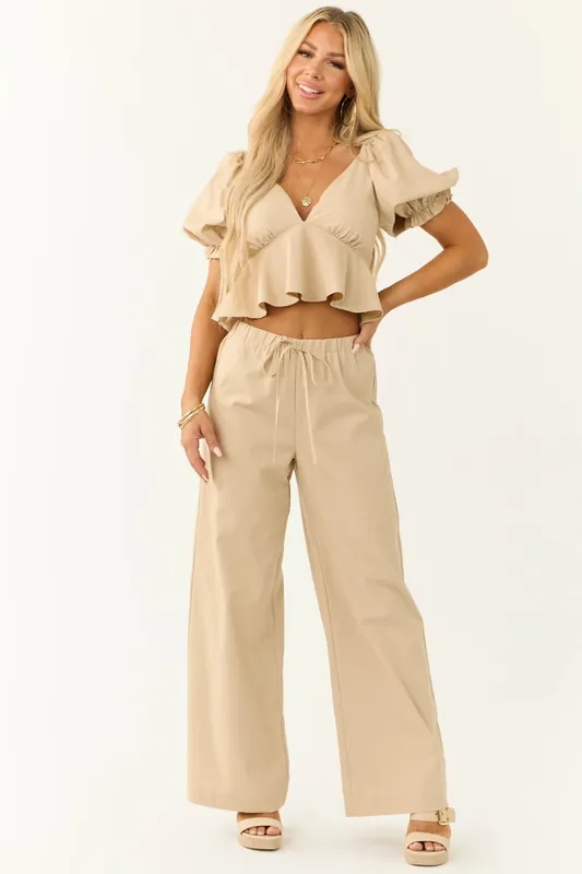 Beige Wide Leg High Waist Linen Pants - Fore Collection