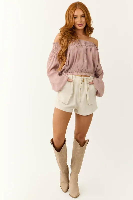 Almond Drawstring Waist Tie Linen Shorts - Paper Moon