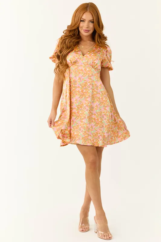 Sunset Flower Print Empire Waist Satin Short Dress - Mittoshop