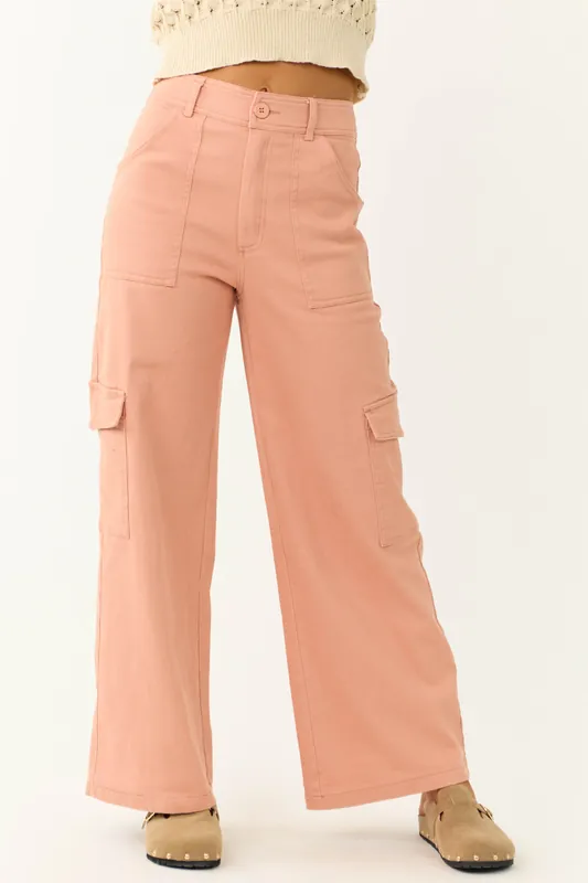 Peach Twill Wide Leg High Waisted Cargo Pants - Mittoshop