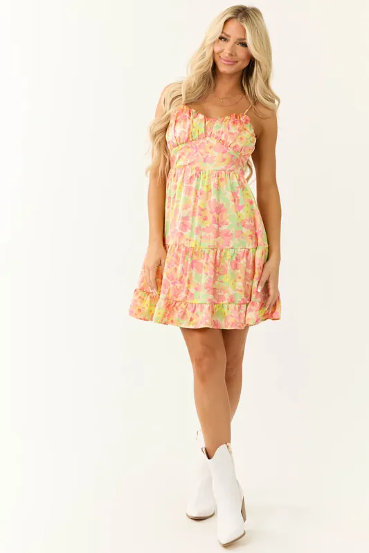 Pastel Yellow Floral Print Satin Mini Dress - Mittoshop