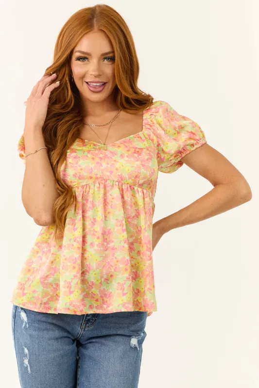 Canary Yellow Puff Sleeve Babydoll Satin Blouse - Mittoshop