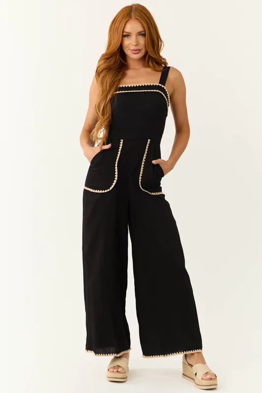 Black Contrast Stitch Sleeveless Jumpsuit - entro