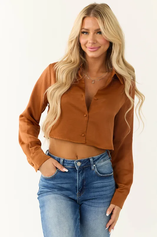 Spice Button Up Cropped Silky Long Sleeve Top - HYFVE