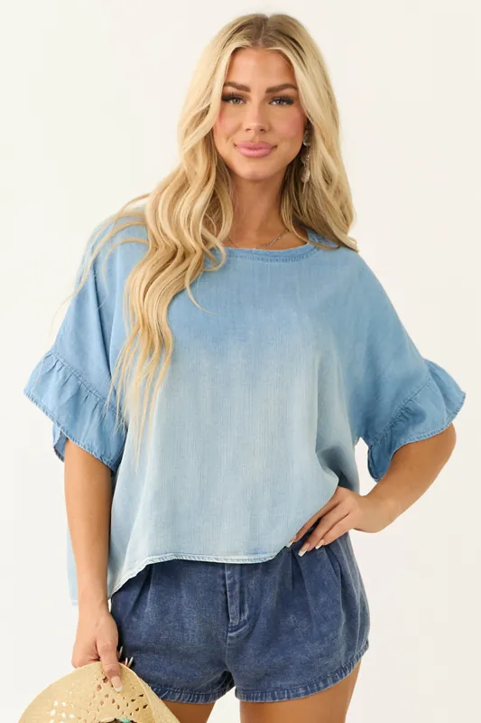 Powder Blue Washed Chambray Half Sleeve Top - Mittoshop