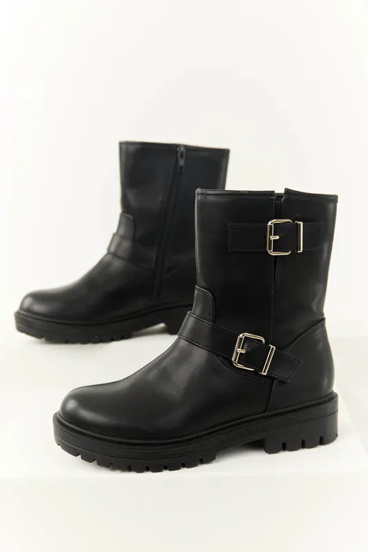 Black Double Buckle Short Boot - FORTUNE DYNAMIC