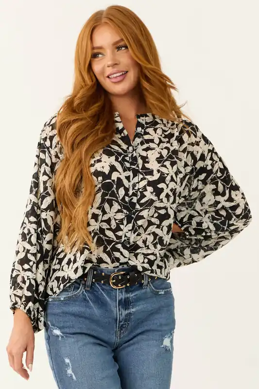 Black and Coconut Floral Print Buttoned Top - Jodifl
