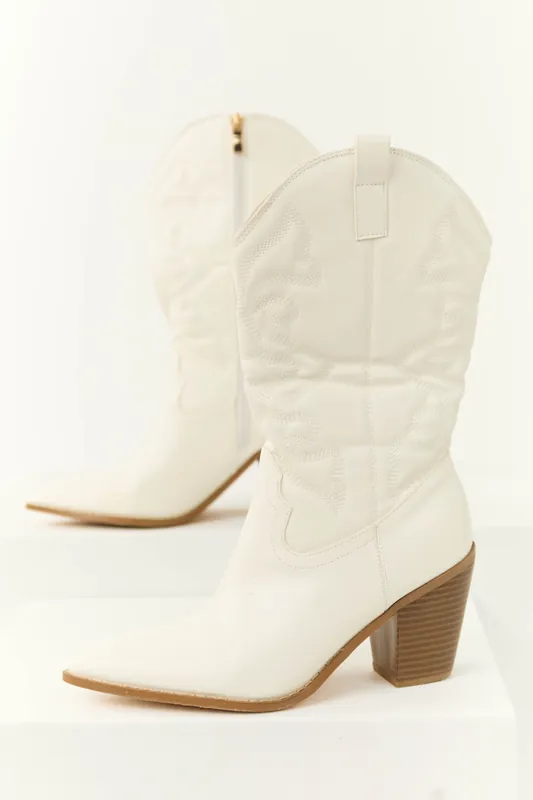 Ivory Western Embroidered Mid Calf Boots - Berness