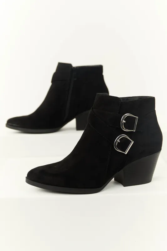 Black Double Buckle Strap Ankle Booties - FORTUNE DYNAMIC
