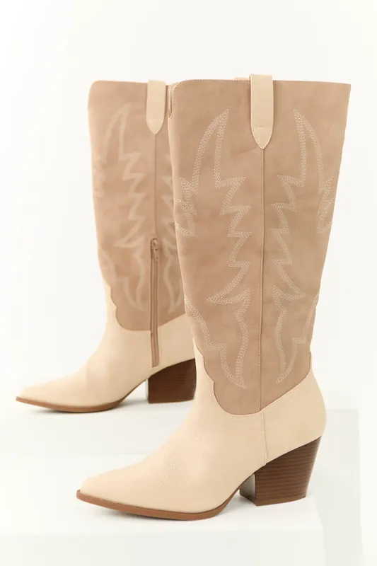 Latte Western Embroidered Pointed Toe Boots - East Lion Corp.