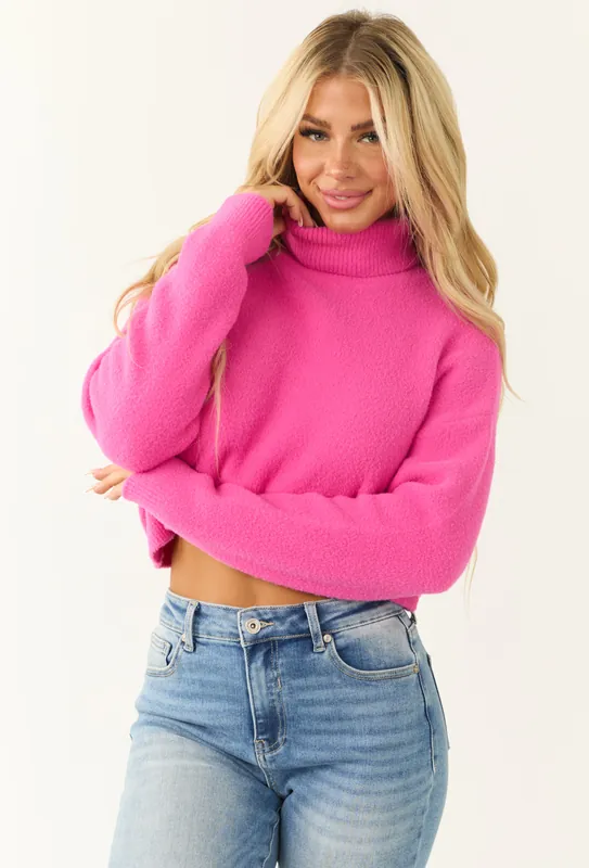 Fuchsia Cropped Turtleneck Fuzzy Sweater - GeeGee