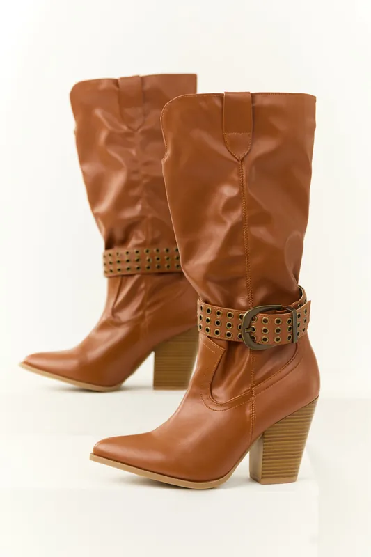Caramel Buckled Strap Heeled Boots - Legend Footwear