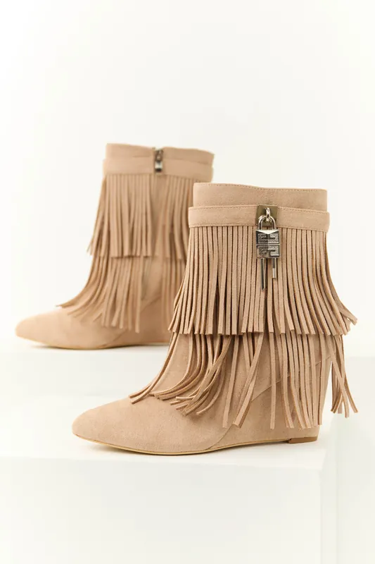 Nude Fringe Wedge Ankle Booties - Legend Footwear