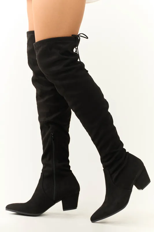 Black Faux Suede Drawstring Thigh High Boots - Legend Footwear