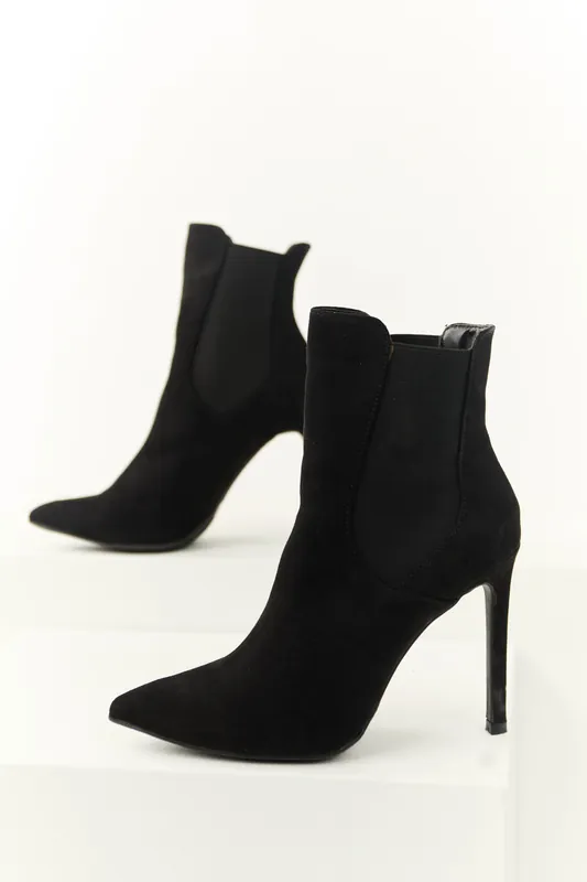 Black Faux Suede Elastic Panel Stiletto Booties - Legend Footwear
