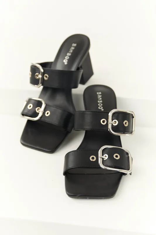 Black Open Toed Double Buckle Strap Heels - JP ORIGINAL CORP