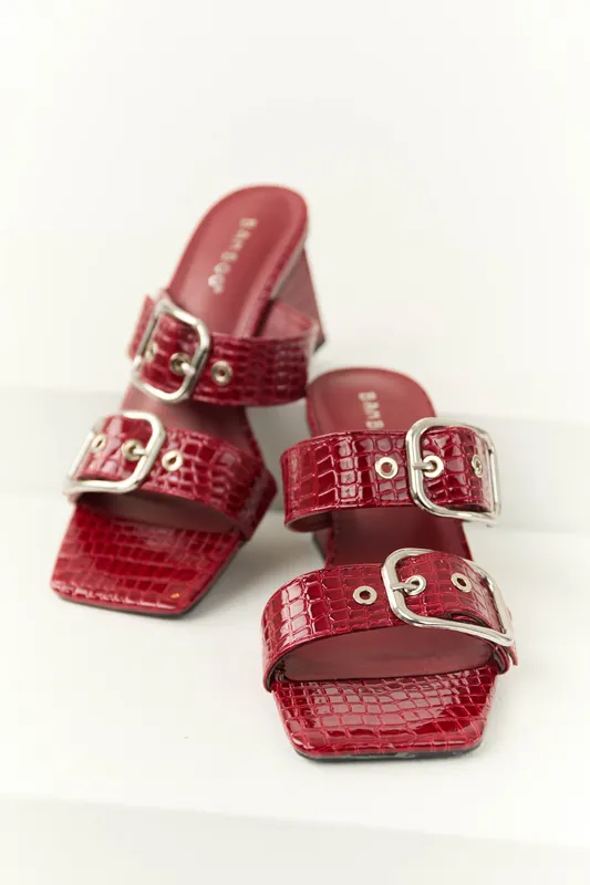 Dark Cherry Open Toed Double Buckle Strap Heels - JP ORIGINAL CORP