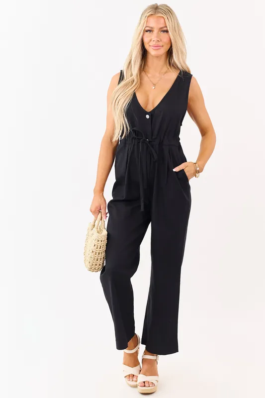 Black Sleeveless Deep V Neck Denim Jumpsuit - HYFVE