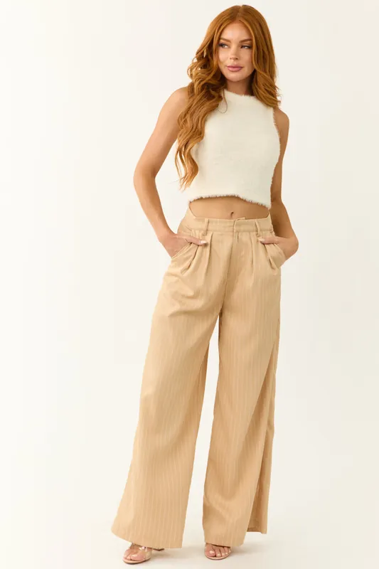 Beige Vertical Pin Stripe Wide Leg Pants - IDEM DITTO