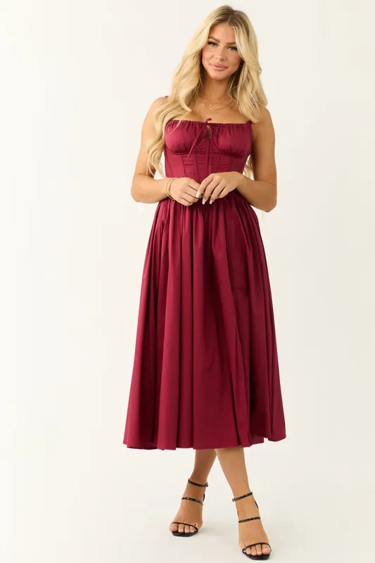 Wine Corset Sleeveless Front Slit Midi Dress - THE VINTAGE SHOP