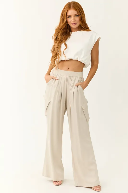 Cloud Wide Leg Smocked Waist Cargo Pants - Promesa