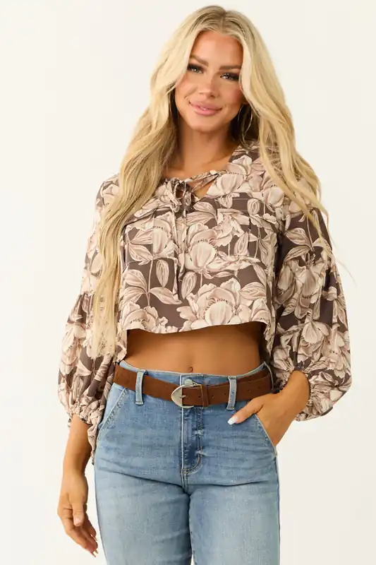 Cocoa Floral Lace Up Peasant Top - Promesa