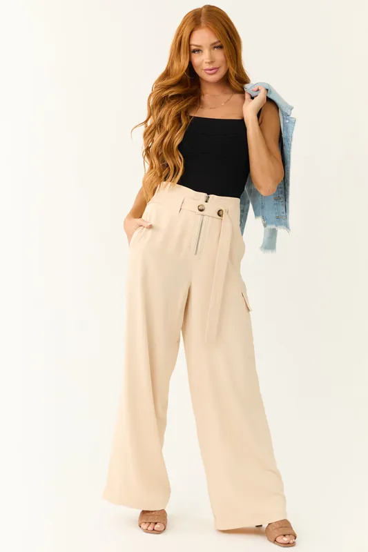 Champagne Belted High Waist Wide Leg Pants - Promesa