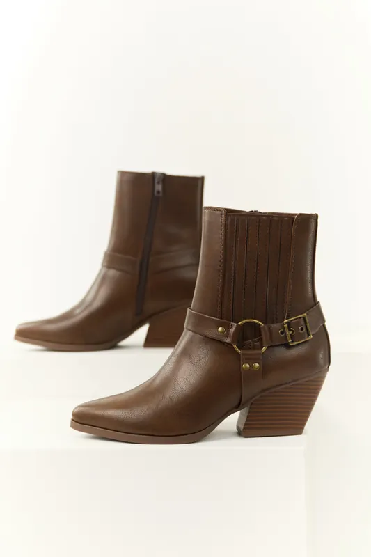 Sepia Faux Leather Buckle Strap Ankle Booties - FORTUNE DYNAMIC