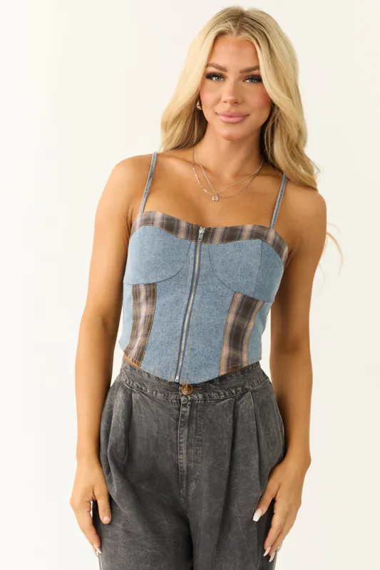 Medium Wash Denim Plaid Contrast Corset Top - Blue Blush